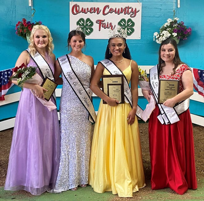 The royalty for the 2022 Owen County Fair was crowned at the conclusion of the annual pageant Sunday, July 3. Winners include, from left: Second runner-up Abby Miller, Princess Taylor York, Queen Bre Davis and First runner-up and Miss Congeniality Hannah York.