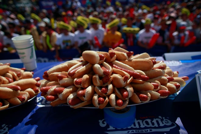 A plate full of sausages during the 2022 hot dog eating competition.
