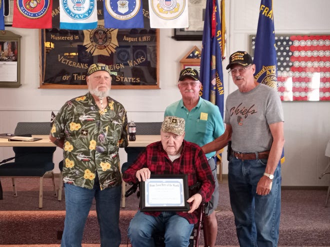 After trying to enlist in the United States Army at the age of 17, Aloha resident Al Rosenfeldt (center) served his country in France and Austria, as well as at the Battle of the Bulge. He was recently selected by the members of the Cheboygan County Veterans Subcommittee to be named the Hometown Hero of the Month for July.