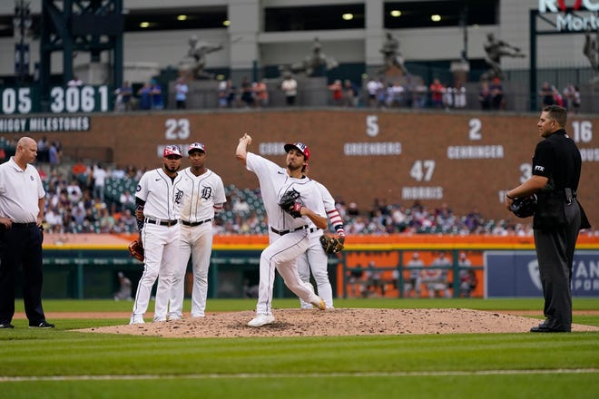 Tigers starting pitcher Alex Faedo throws under the observance of the team and home plate umpire John Libka during the fourth inning of Game 2 of the doubleheader against the Guardians on  Monday, July 4, 2022, at Comerica Park. Faedo was pulled from the game.
