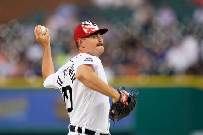 Tiger pitcher Tyler Alexander throws during the sixth inning of Game 2 in the doublehead on Monday, July 4, 2022 at Comerica Park.