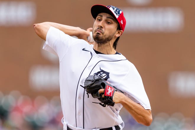 Tigers pitcher Alex Faedo pitches during the first inning of Game 2 of the doubles header against the Guardians on Monday, July 4, 2022 at Comerica Park.