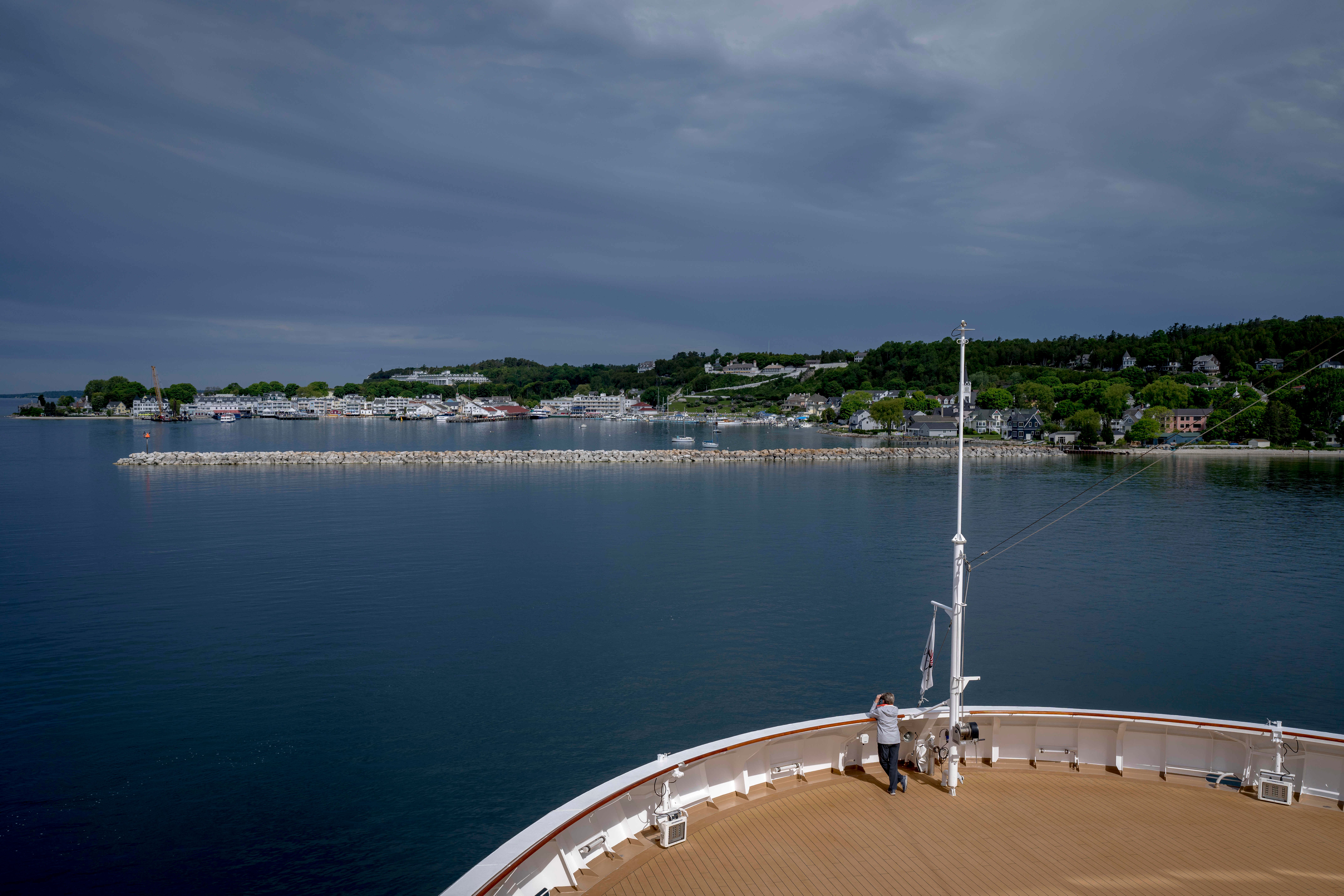 Mackinac Island is pictured while aboard the Viking Octantis on Lake Huron on June 19, 2022. The ship was stationed at Mackinac Island, Michigan. 

I like the simplicity and design of this image from when we reached our first destination: Mackinac Island. The color palette feels really nice here. Because of the size and relatively small amount of people on the boat, it often felt empty like this, where you felt like you had it to yourself.