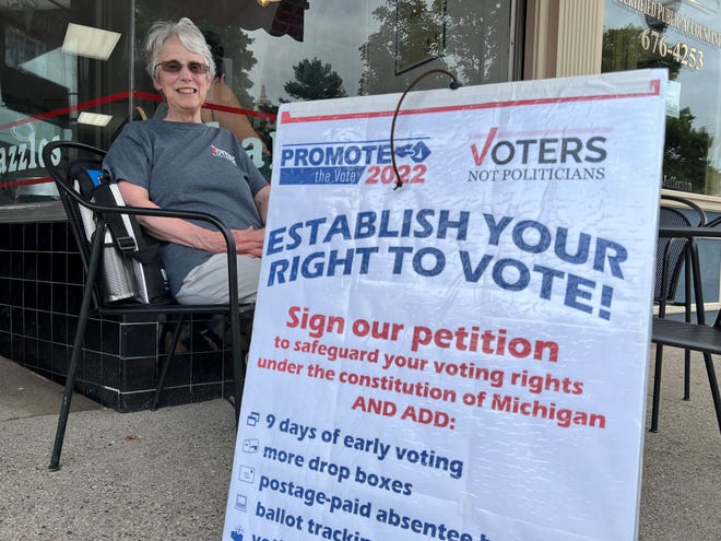 Mary Brown of Aurelius Township poses for a photo as she gathers signatures for the Promote the Vote 2022 campaign on Tuesday, July 5, 2022, in Mason.