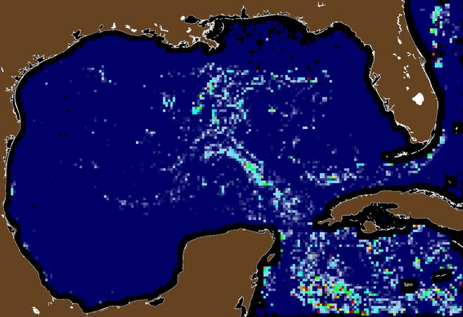 This image shows Sargassum abundance (warm color indicates higher abundance, dark blue means none) for the past week, for the week ending July 5, 2022.