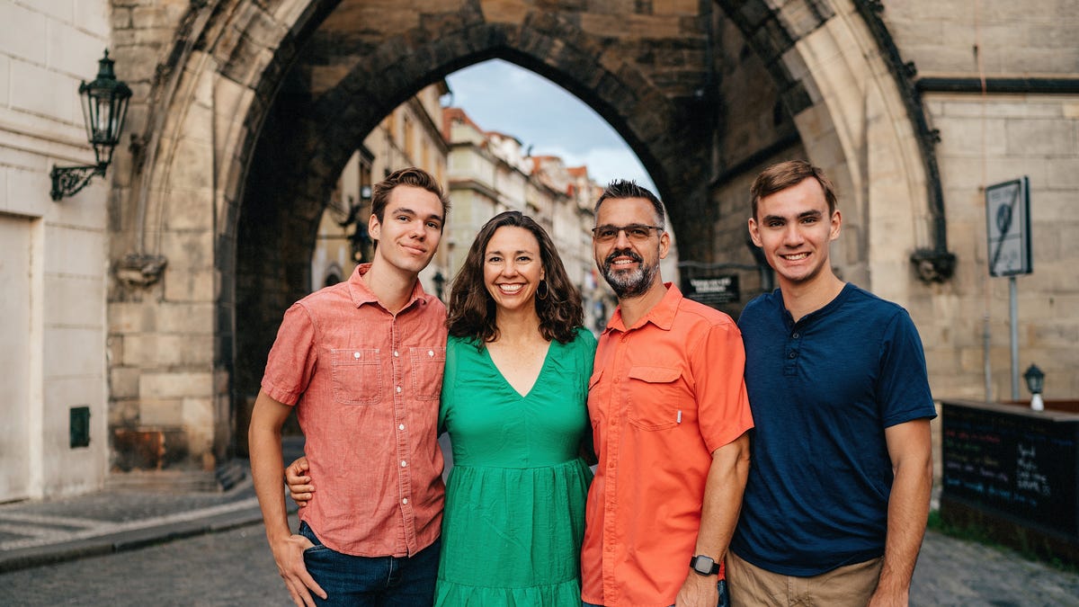 (From left to right) Aidan J Fite, 19, Tiffany and  Benjamin D. Fite, and Ethan R. Fite. The Fite family's sons chose to go to school in Europe where college is often less expensive than the U.S. and they can avoid incurring large amounts of debt.