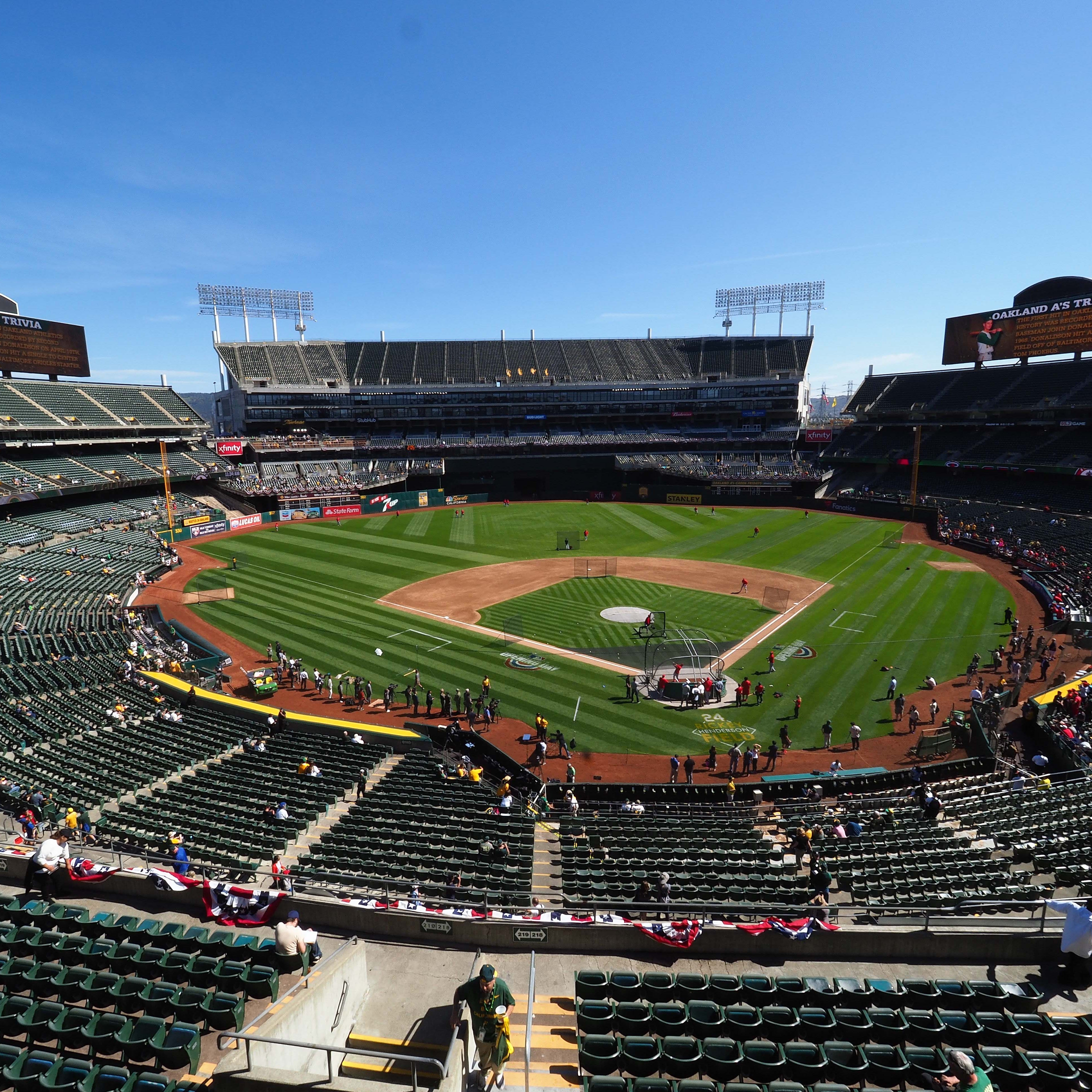 Stadium view before the game between the Oakland Athletics and the Los Angeles Angels at Oakland Coliseum.