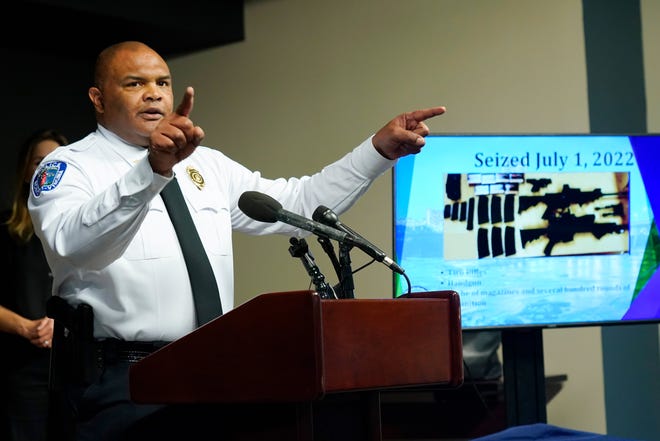 Richmond Police Chief Gerald M Smith gestures during a press conference at Richmond Virginia Police headquarters, Wednesday July 6, 2022, in Richmond, Va. Police said Wednesday that they thwarted a planned July 4 mass shooting after receiving a tip that led to arrests and the seizure of multiple guns.