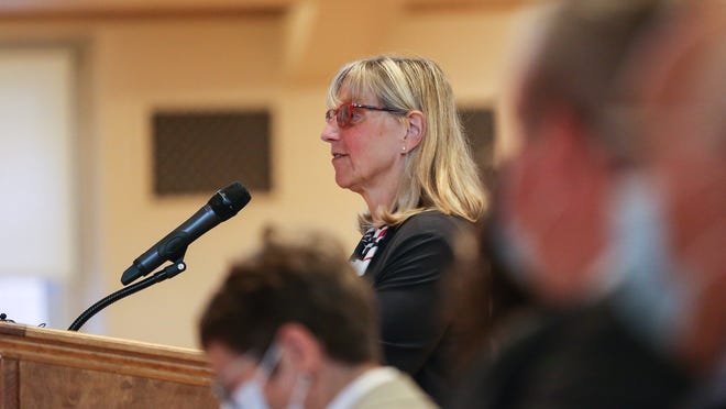 State Senate President Karen Spilka speaks about her concerns during Wednesday's public hearing at Nevins Hall in Framingham, July 6, 2022. MetroWest Medical Center's controversial plans to close certain outpatient oncology services were the subject of the hearing.