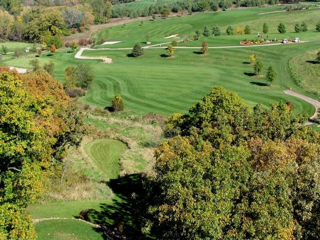 No. 16 at Lena-Winslow gives golfers a chance to hit over the gorge and drive the short par-4 or play it safe and play the hole as a close to 90-degree dogleg.