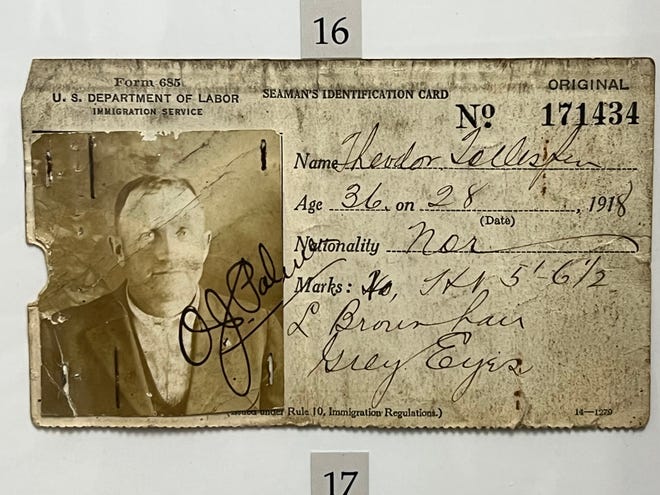 Teddy Tollefsen is pictured on his Seaman's Identification Card.