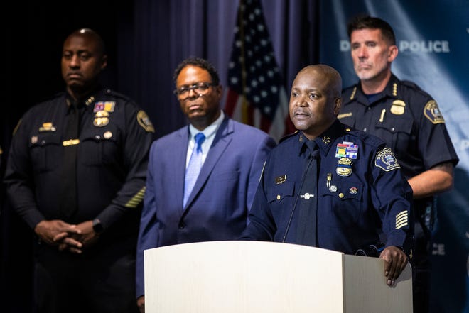 Detroit Police Chief James E. White provides an update regarding the officer that was killed in the line of duty at the Detroit Public Safety Headquarters in Detroit on Thursday, July 7, 2022.