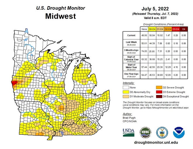 Most of Indiana is abnormally dry or worse, according to Thursday's update by the U.S. Drought Monitor. Tippecanoe County is in a moderate drought.