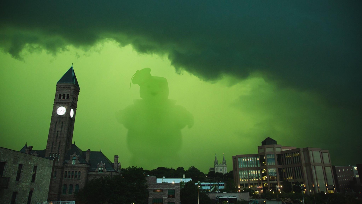 The Stay-Puft Marshmallow Man bears down on downtown Sioux Falls in a photoshopped image posted by Reddit user HoriCZE. The original image was taken by Jaden Miller of Sioux Falls. The photo has become a meme.