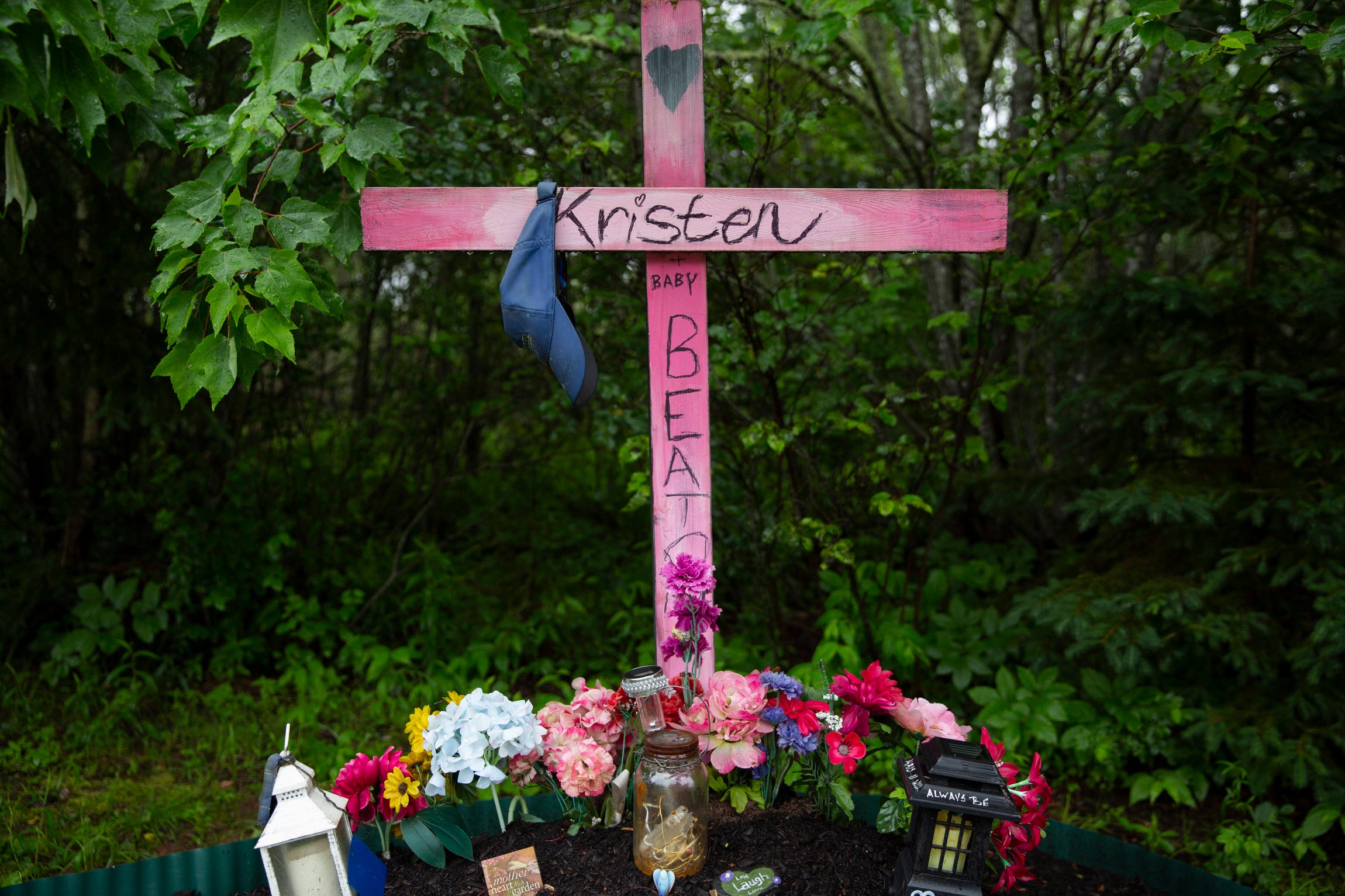 A memorial for Kristen Beaton and "Baby Beaton" is placed at the site of her murder in April 2020. Beaton, a nurse and mother, was pregnant at the time of her murder.