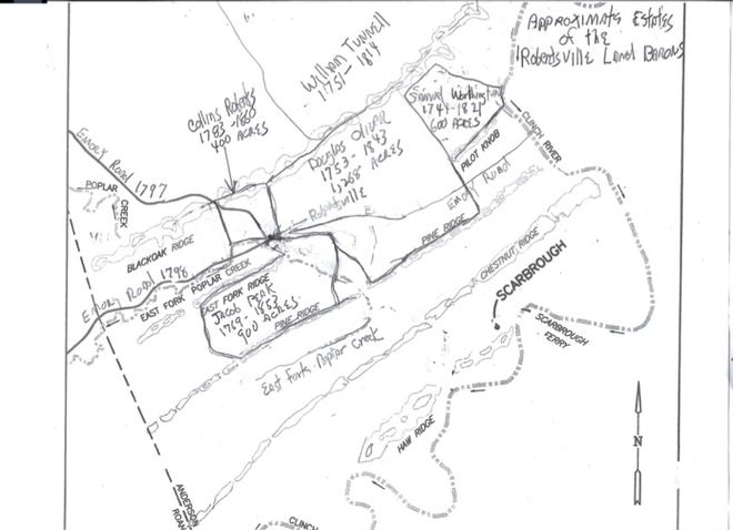 Robertsville land barons (Collins Roberts had 400 acres, Douglas Oliver had 1,268 acres, Samuel Worthington had 600 acres).