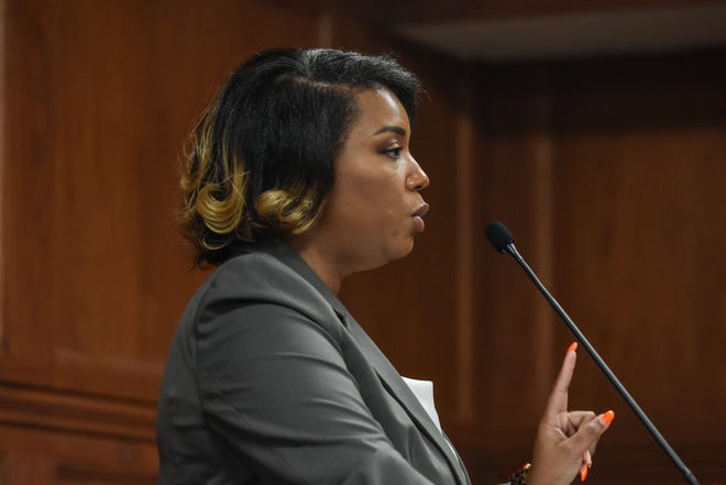 Mayor Chowke Lamumba's attorney Jessica Ayers speaks during a hearing Friday, July 8, 2022 on a lawsuit filed by the City Council of Jackson against Mayor Chokwe A. Lamumba concerning the city's trash collection in Jackson, Miss. The resulting decision is in favor of the council.
