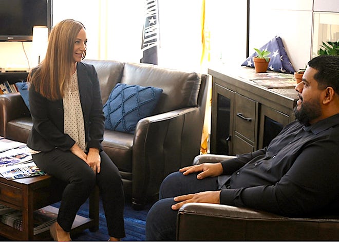 Ortiz meets with Lisa Levasseur, who manages Rhode Island College’s Military Resource Center.