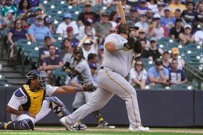 Pittsburgh's Daniel Vogelbach hits a three-run home run during the ninth inning Sunday.