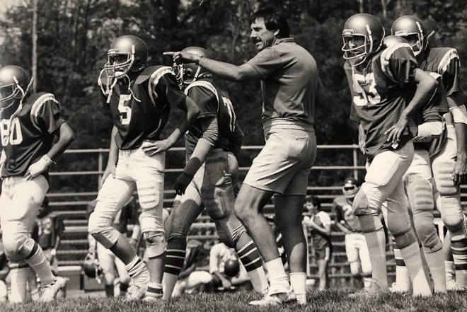 Beaver County Sports Hall of Fame head coach Richard Niedbala directs his team during a practice on August 30, 1984. Niedbala led Western Beaver to three WPIAL titles.