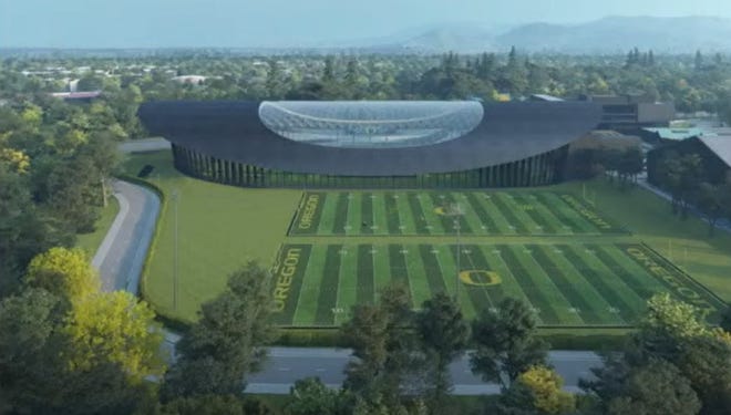 This artist's rendering shows how UO hopes to expand the Autzen Stadium Complex to accommodate a new, 170,000-square-foot indoor football practice facility and two outdoor practice fields, west of Autzen Stadium