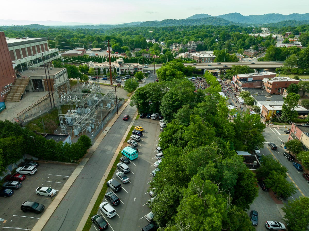 An aerial view of the Duke substation on Rankin Avenue and the proposed new site at 57 Rankin, currently a city parking lot.