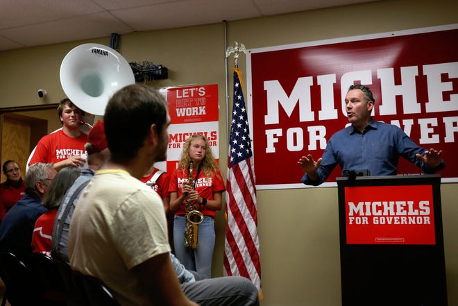 Tim Michels, Republican candidate for Wisconsin governor, launches Michels Freedom Tour Tuesday at his campaign headquarters on East Walnut Street in Green Bay.