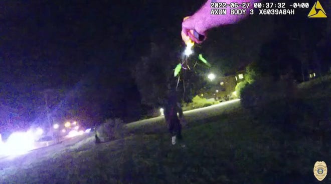 Akron police shot unarmed 25-year-old Jayland Walker dozens of times after he fled from a traffic stop and led officers on a car, then foot chase, according to body cam footage released by police. Officers fired first with Tasers and then guns, Monday, June 27, 2022. (City of Akron/TNS)