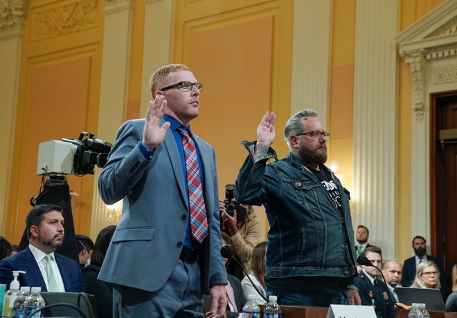 Stephen Ayres (left) and Jason Van Tatenhove are sworn in before testifying at a public hearing on July 12, 2022 in Washington DC before the House committee to investigate the January 6 attack on the U.S. Capitol.