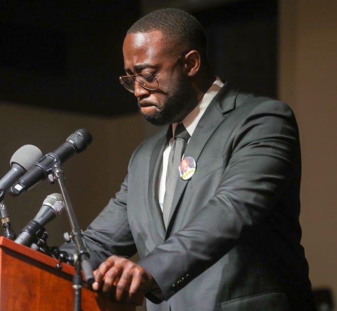Roddray Walker, a first cousin to Jayland Walker, becomes emotional while speaking to members of the media at the Knight Stage following the funeral service Wednesday at the Akron Civic Theatre.