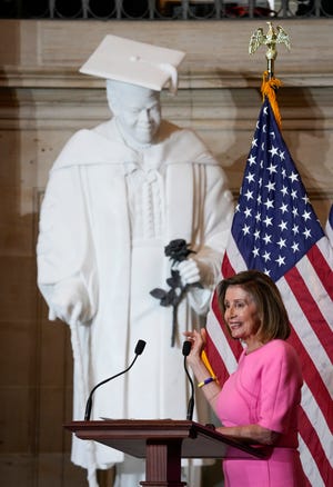 Speaker of the House Nancy Pelosi spoke about the Mary McLeod Bethune statue in Statuary Hall at the Capitol in Washington on Wednesday July 13, 2022 during the unveiling ceremony of the new marble work of art. Bethune was a civil rights pioneer, educator and stateswoman in the early and mid-1900s. From the state of Florida, Bethune will be the first Black American to represent a state in  National Statuary Hall in the United States Capitol. Mandatory Credit: Jack Gruber-USA TODAY