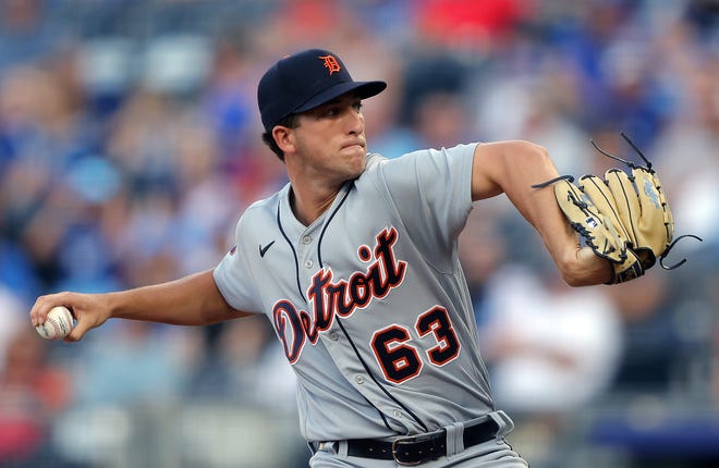 Tigers pitcher Beau Brieske pitches during the first inning of the game against the Royals on Tuesday, July 12, 2022, in Kansas City, Missouri.