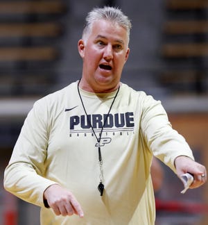Purdue Boilermakers head coach Matt Painter leads a drill during practice, Tuesday, July 12, 2022, at Mackey Arena in West Lafayette, Ind. 