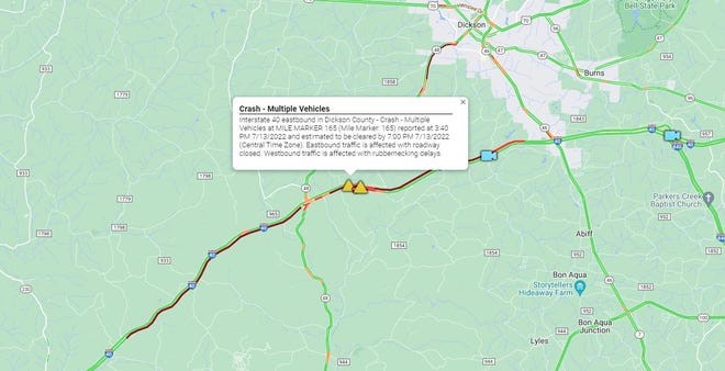 A multi-vehicle wreck shut down the eastbound lanes of Interstate 40 in Dickson County Wednesday, July 13, 2022.