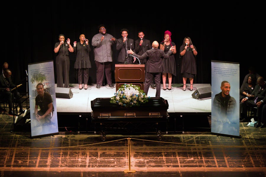 July 13, 2022; Akron, OH, USA; Mourners at the funeral for Walker at the Civic Theatre on Wednesday, July 13, 2022 in Akron, Ohio. The shooting death of Walker by Akron police has caused an outcry locally and nationally for police reform and liability. Mandatory Credit: Michael Cavotta/Handout via USA TODAY NETWORK ORIG FILE ID:  20220713_ajw_usa_018.JPG