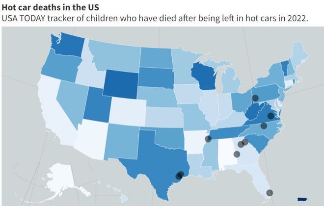 An image of a map tracking hot car deaths in the US in 2022