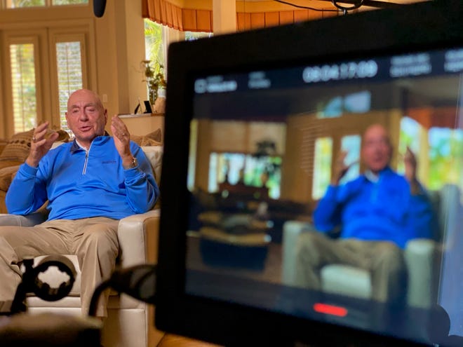 Dick Vitale appears in front of the camera at his Lakewood Ranch home for the filming of the documentary "Dickie V," to be broadcast on July 20 following the ESPYs Award show on ESPN+. It will be shown on ESPN on July 23 at 4 p.m. Photo courtesy DNA Films.