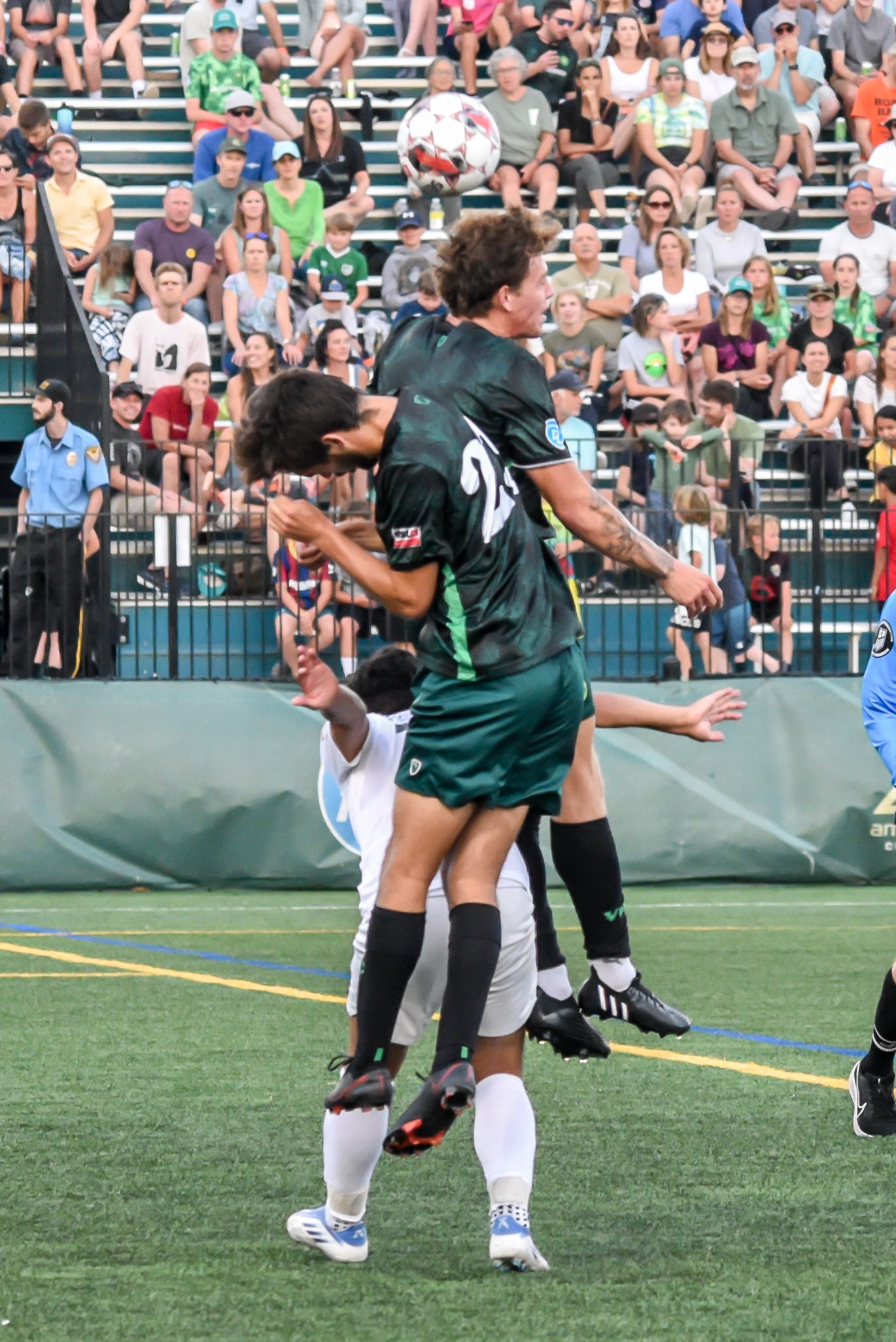Vermont Green's Carter Beaulieu gets his head to the ball during their game vs the NY Pathfinder FC at UVM's Virtue Field on Wednesday evening.