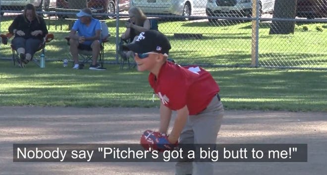 A screenshot from Chad Hunt and Austin Bramley's video of a mic'd up video from a youth baseball game in Sioux Falls that features Hunt's son, Hayes (pictured).