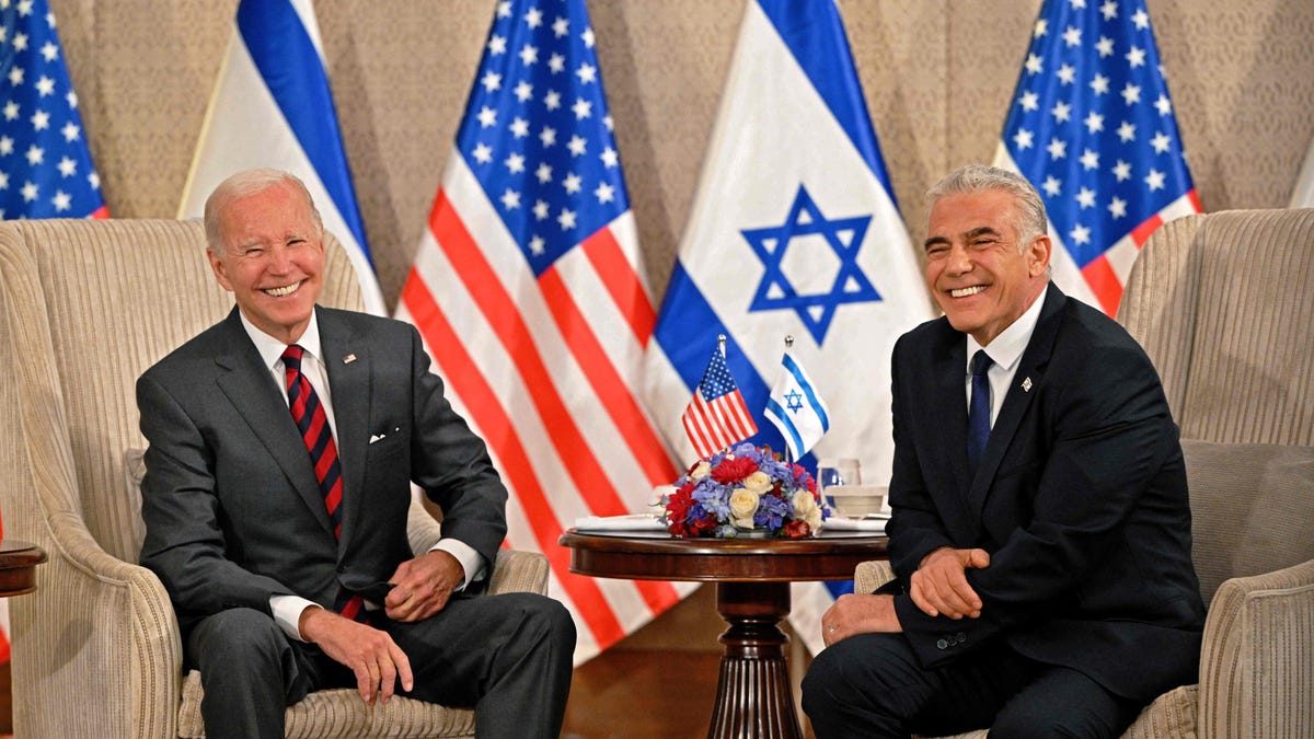 US President Joe Biden holds a bilateral meeting with Israel's Prime Minister Yair Lapid at a hotel in Jerusalem on July 14, 2022.
