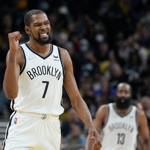 Brooklyn Nets' Kevin Durant reacts during the seco