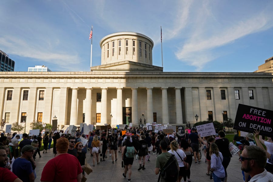 Protesters rally at the Ohio Statehouse in support of abortion after the Supreme Court overturned Roe vs. Wade on Friday, June 24, 2022 in Columbus, Ohio.