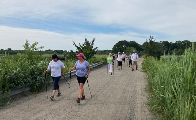 In Harwich, members of the Cape Cod Nordic Walking group hit the trail at the Bell's Neck Conservation Area.