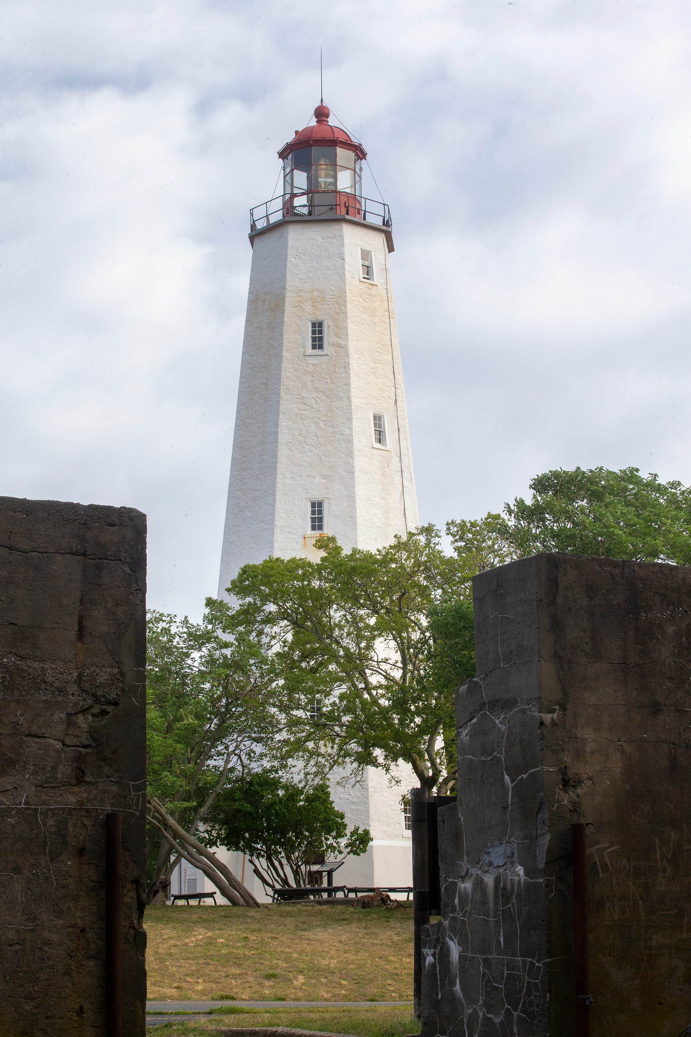 The Sandy Hook Lighthouse at Fort Hancock, which is part of the Gateway National Recreation Area Sandy Hook Unit, in Sandy Hook. Bruce Springsteen was arrested at the Lighthouse in late 2020, and charges were dismissed.