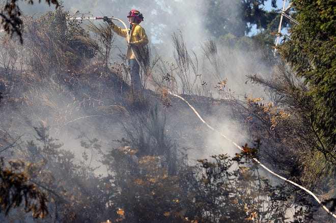 Lt. Bruce Lowrie of the Poulsbo Fire Department helps put out a brush fire up the hill from the Highway 3 southbound off-ramp to Luoto Road on July 14.