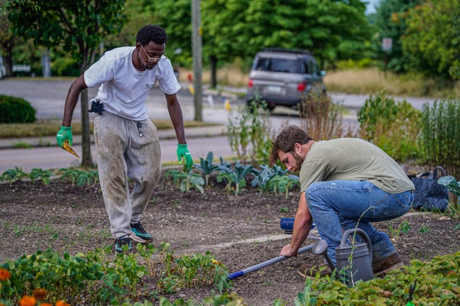 From left, ReGrowth team members Joseph Rogers and Tim Dunkel plant bush green beans on Friday, July 15, 2022, at the Fountain Square Community Garden in Indianapolis. ReGrowth helps formerly incarcerated young adults gain job opportunities. The program's yield of veggies goes to feed a senior living home and food pantry.
(Photo: Michelle Pemberton/IndyStar)