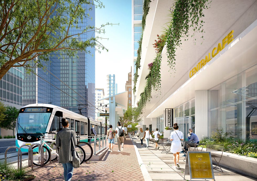 An artist's rendering shows a light rail stop outside the Central Station project, which is under construction in downtown Phoenix.