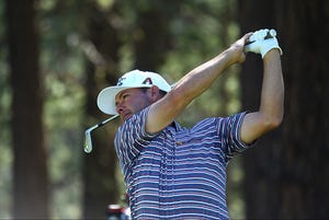 Chez Reavie tees off on the third hole during Friday's round of the Barracuda Championship golf tournament at Old Greenwood in Truckee on July 15, 2022.