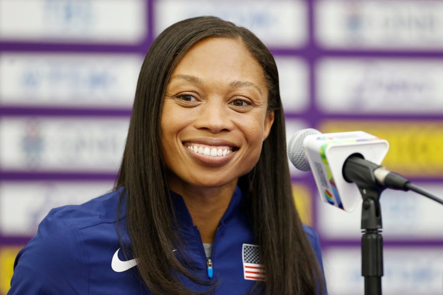 Allyson Felix of Team United States speaks during the Team United States Press Conference prior to competition for the World Athletics Championships Oregon22 at Hayward Field on July 14, 2022 in Eugene, Oregon.