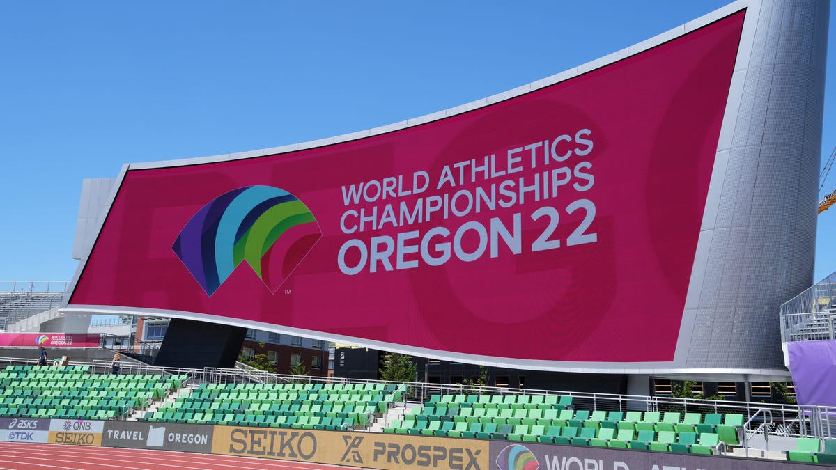 The experience video board during the World Athletics Championships Oregon 22 at Hayward Field.